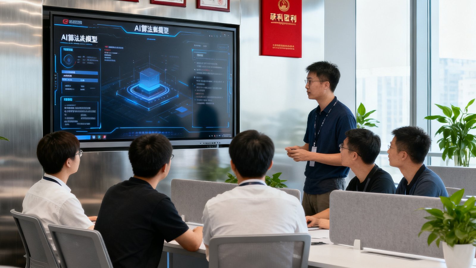 OB视讯杭州总部开放式办公区，研发团队成员围绕大屏幕进行AI算法模型的技术讨论，墙上挂着公司获得的专利证书