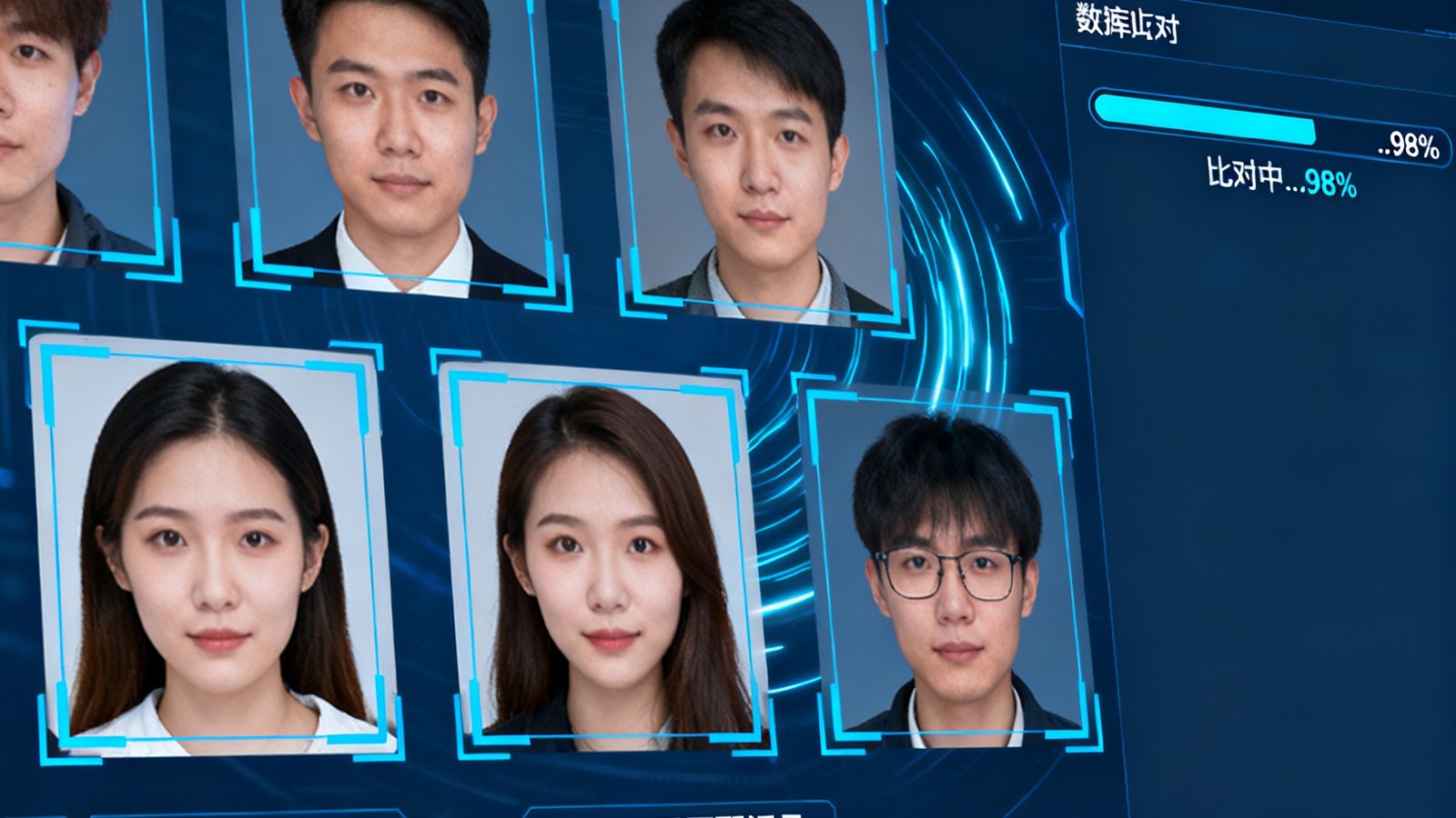 AI人脸识别系统在安防场景中实时抓拍人脸并与数据库进行毫秒级比对分析，屏幕显示识别框和匹配结果