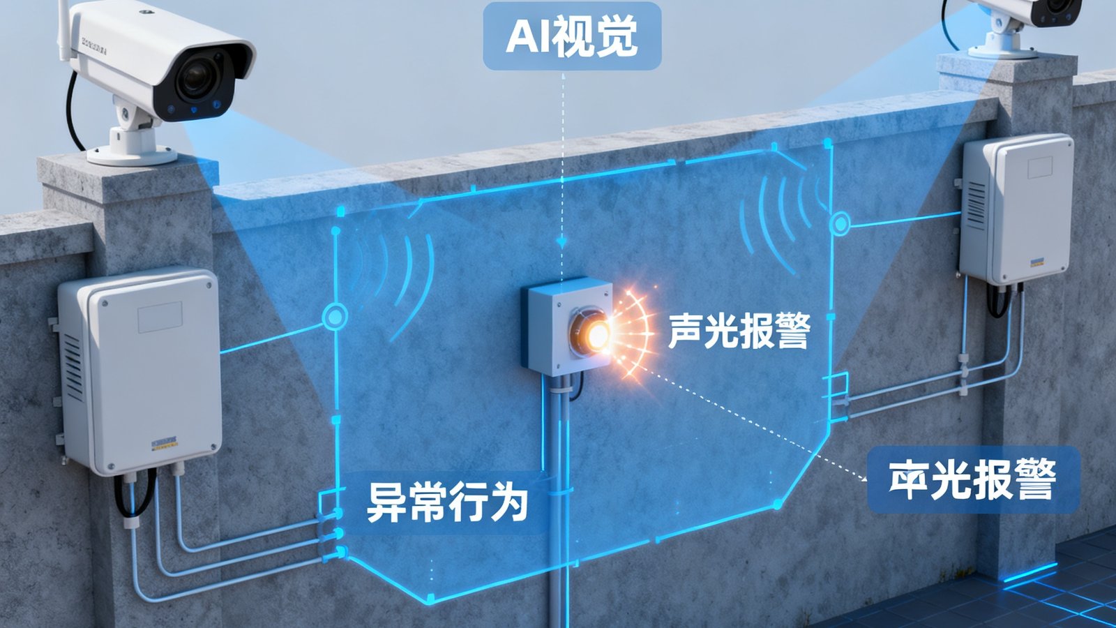 周界入侵预警系统在围墙周边通过AI视觉与毫米波雷达联动检测异常行为并触发声光报警