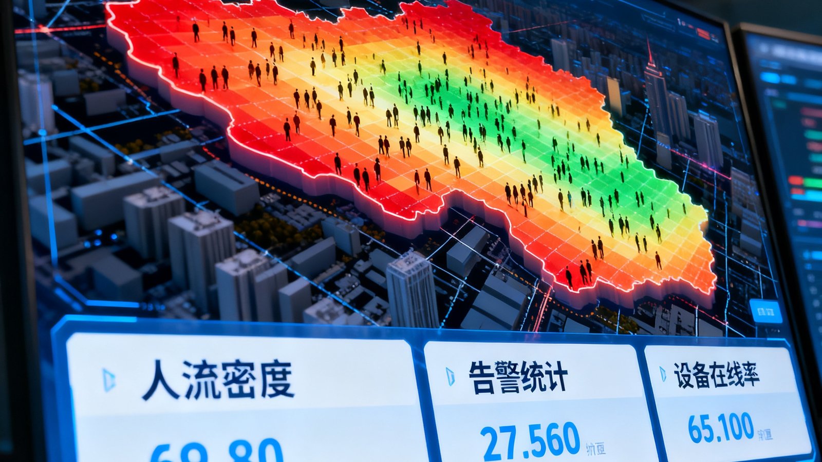 大数据可视化平台在大屏幕上展示城市安防热力图和实时数据面板，包含人流密度、告警统计、设备在线率等指标