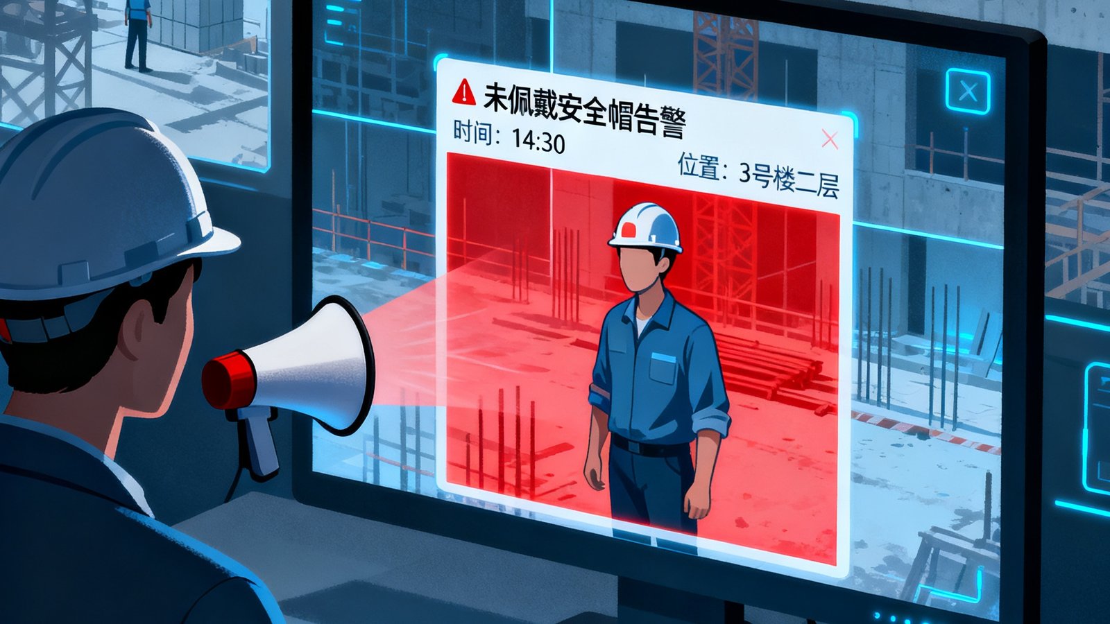 工地安监系统检测到工人未佩戴安全帽并触发现场语音提醒，同时在监控中心弹出告警画面