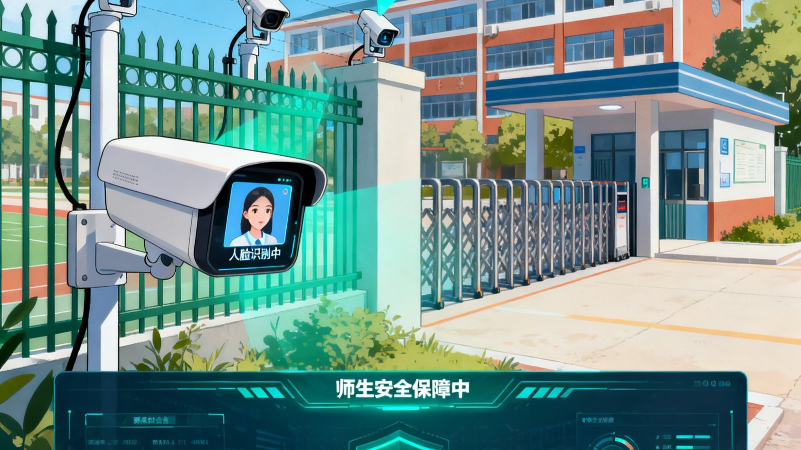 校园安防系统在学校大门和周界进行人脸识别和入侵检测，保障师生安全