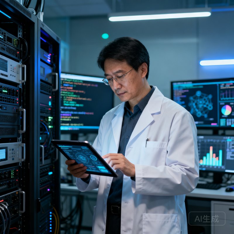 首席科学家刘敏的专业头像，背景为AI实验室，她正在查看深度学习模型的训练数据