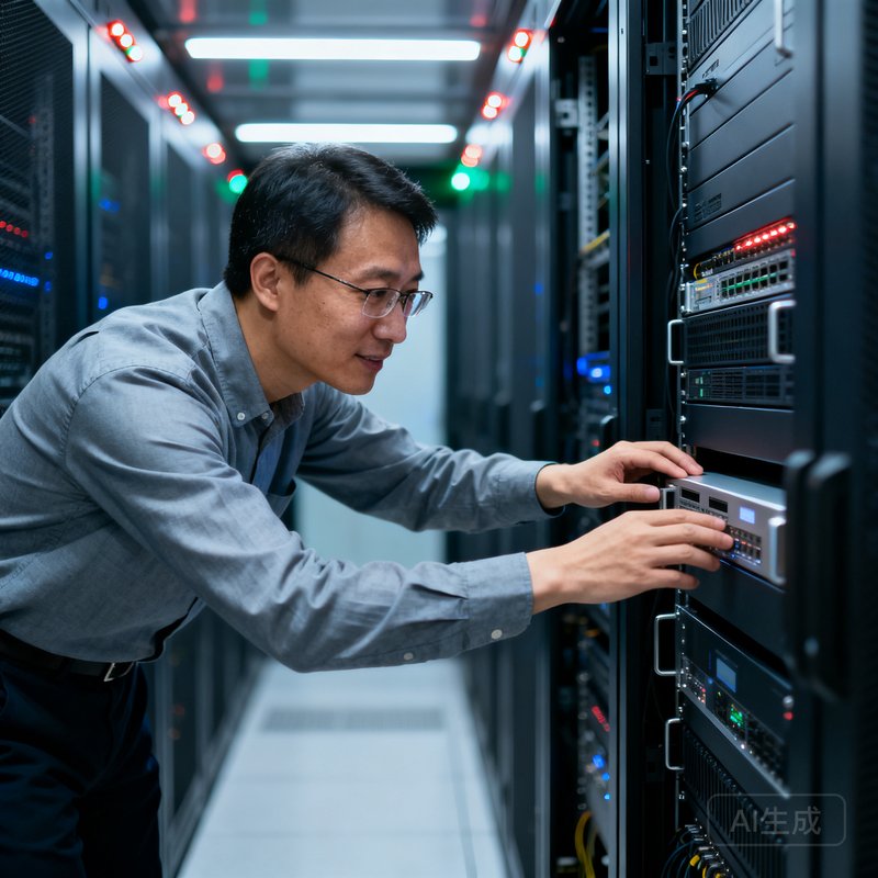 技术总监周建国在服务器机房的半身照，他正在检查边缘计算设备的运行状态